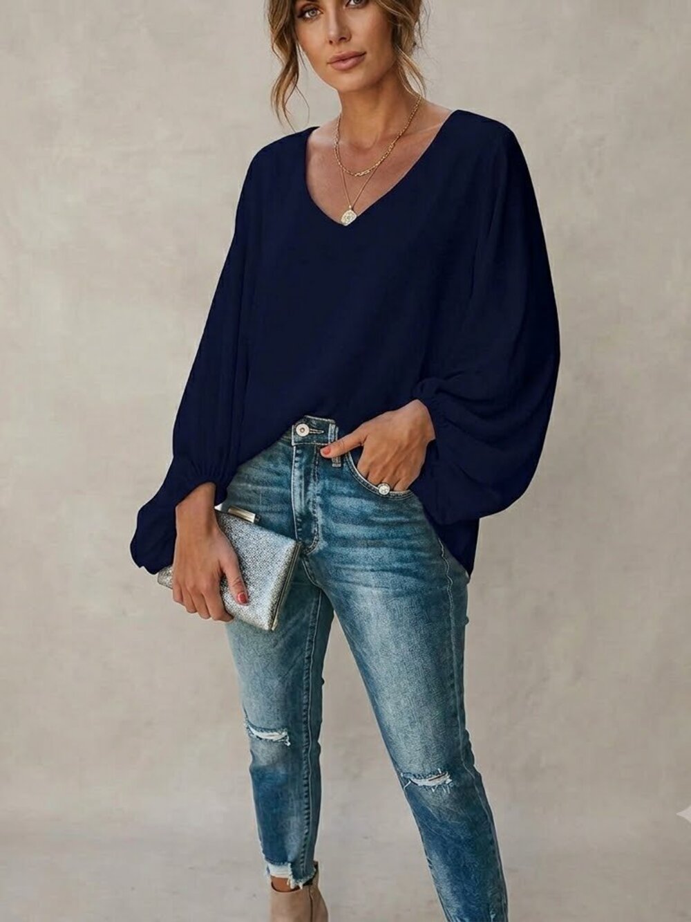 Navy V Neck Boho Blouse long sleeve